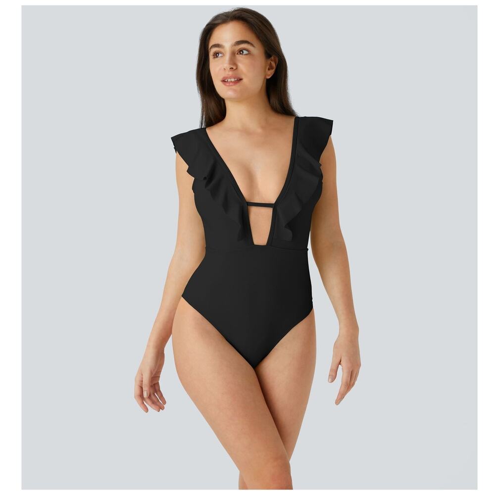 HALARA Black Ruffle One-Piece Swimsuit